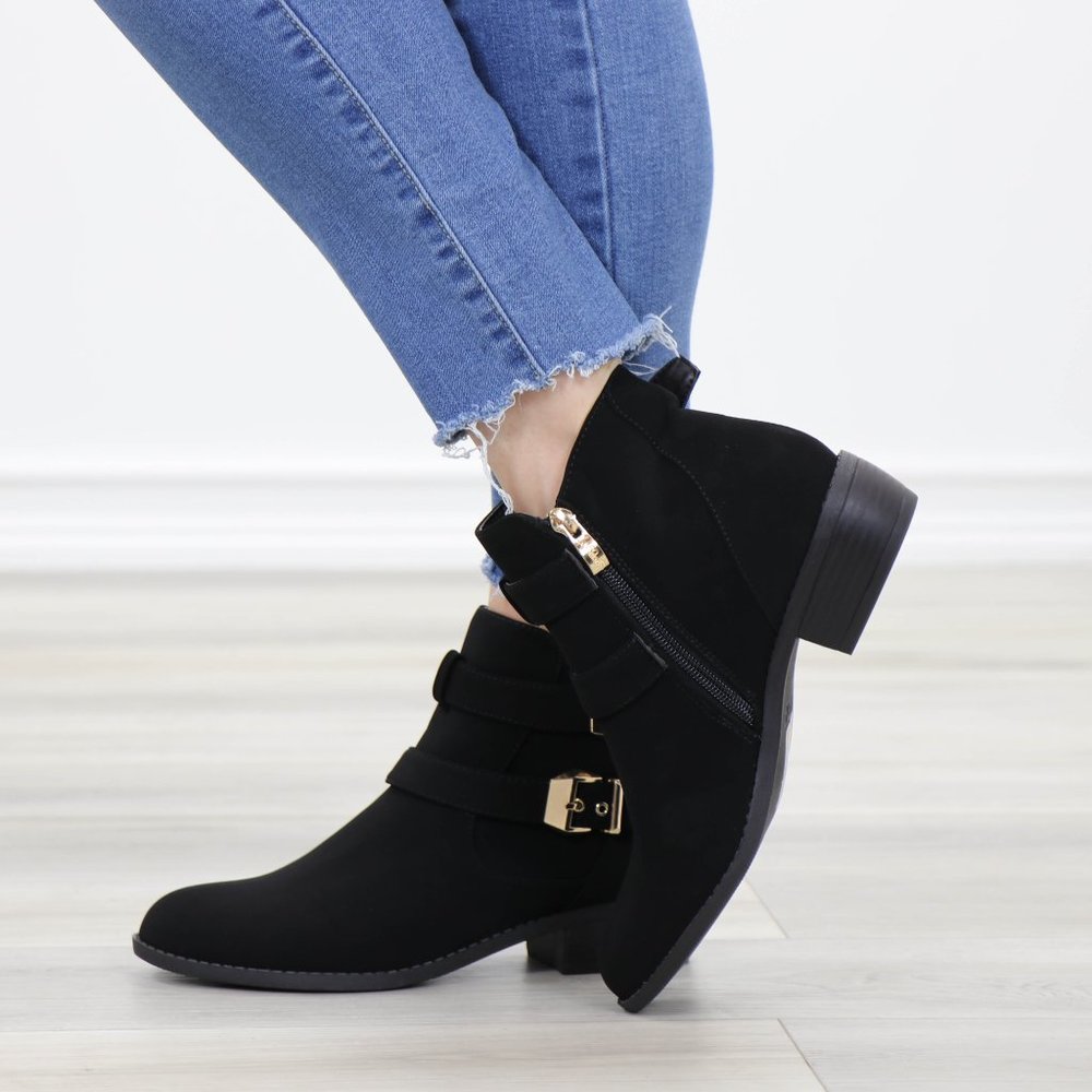 Black Velvet Ankle Boots Gold Buckles Booties - Picture 11 of 13